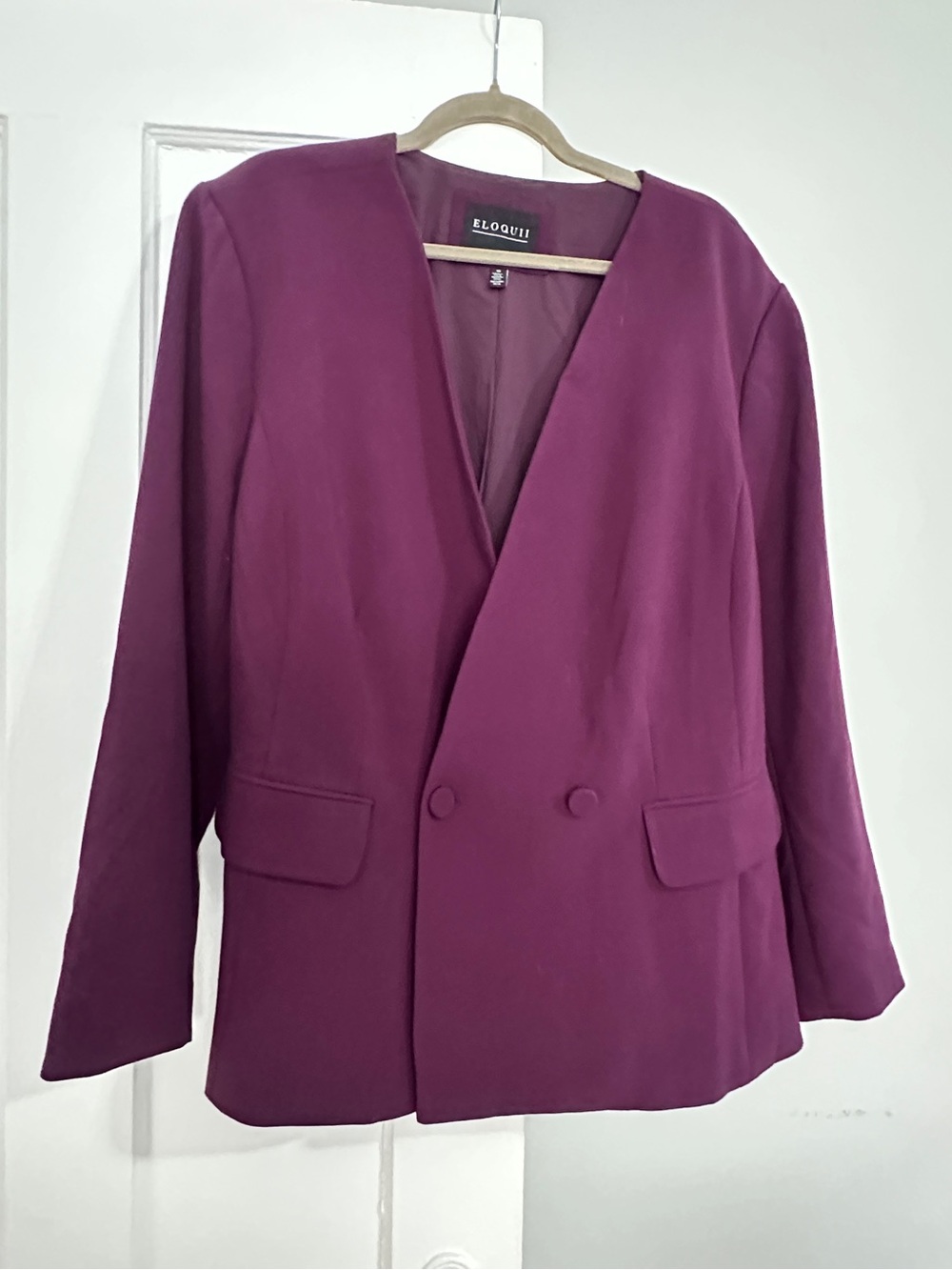 Eloquii Collarless Double-Breasted Blazer in Plum Purple, Plus Size